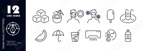 Summer heat set icon. Ice cubes, cocktail, hot, sweat, cool, sun, snowflake, ice cream, pool, watermelon, umbrella, cold drink, air conditioner, temperature, water. Climate concept. Vector line icon