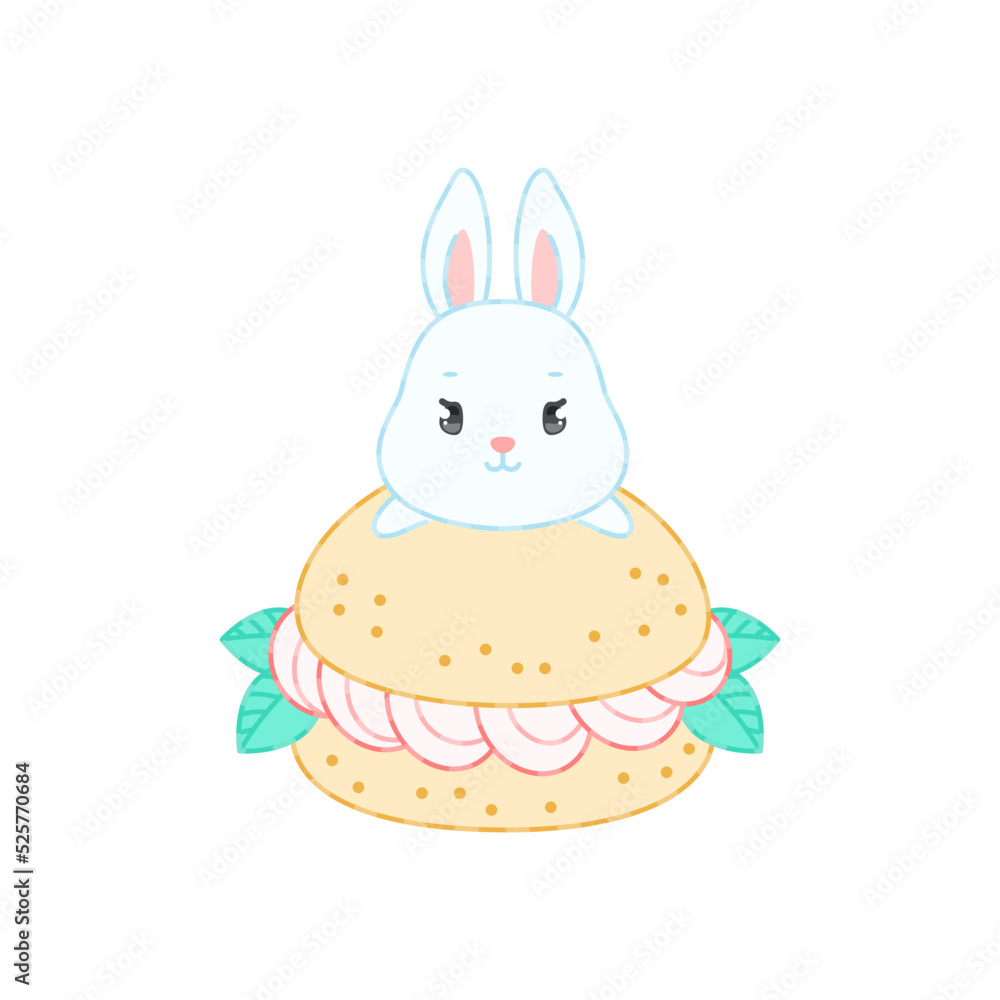 Obraz premium Cute bunny and a strawberry dessert. Flat cartoon illustration of a little white rabbit sitting on a profiterole. Vector 10 EPS.