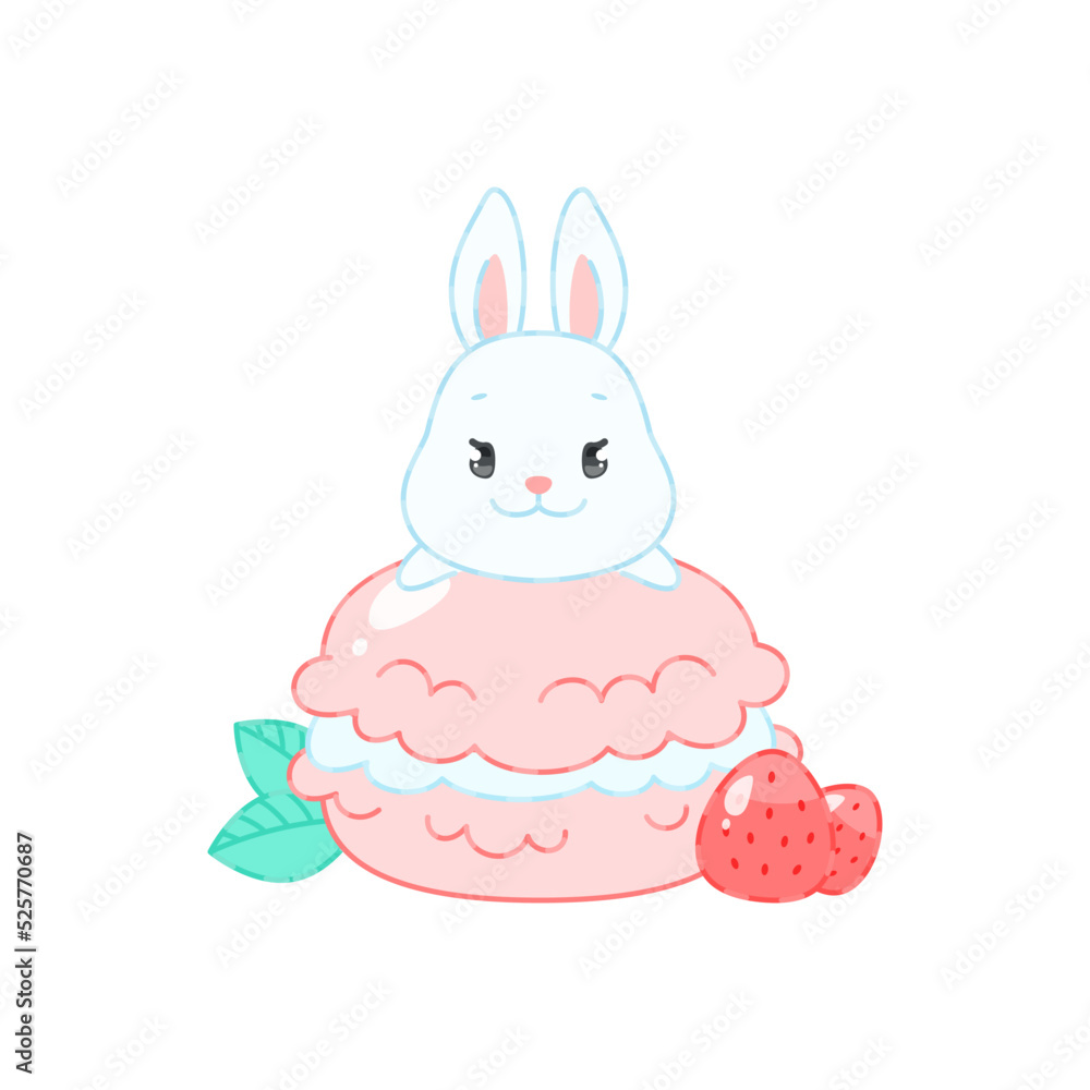 Fototapeta premium Cute bunny and a strawberry dessert. Flat cartoon illustration of a little white rabbit sitting on a pink macaroon. Vector 10 EPS.