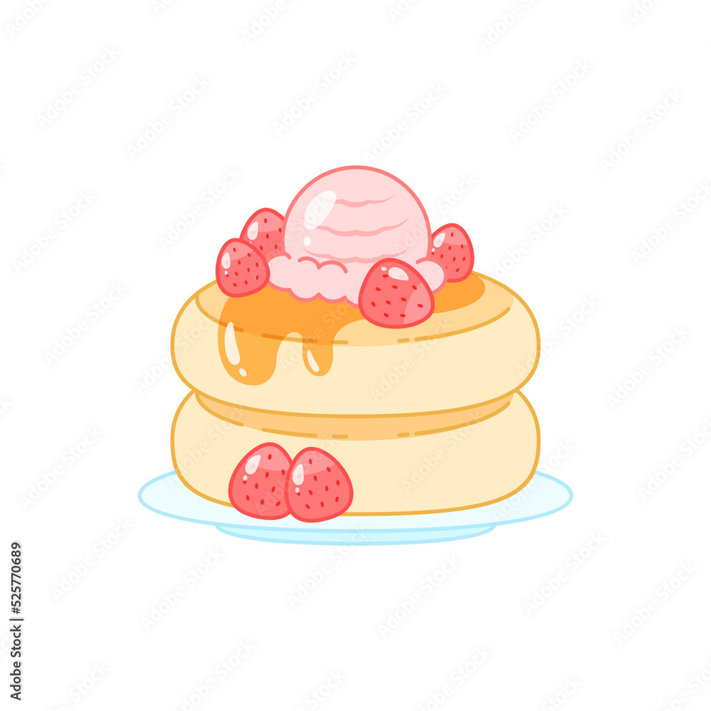 Strawberry dessert. Flat cartoon illustration of a stack of pancakes with syrup, scoop of ice cream and berries isolated on a white background. Vector 10 EPS.
Strawberry dessert. Flat cartoon illustration of a stack of pancakes with syrup, scoop of ice cream and berries isolated on a white background. Vector 10 EPS.