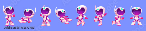 Cute little spaceman in suit and helmet in different poses. Vector cartoon set of astronaut character in spacesuit lying, run, jump, show thumb up and waving isolated on blue background