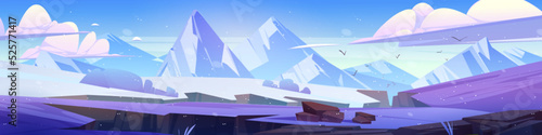 Winter scenery with mountains, snow and land cracks. Nature landscape of white fields with chasms, rocks on horizon, snowfall and flying birds, vector cartoon illustration