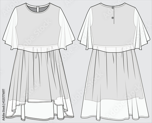 EDITABLE VECTOR FRONT AND BACK SKETCH OF TEEN GILRS AND KID GIRLS FASHION LAYERED DRESS IN CHIFFON