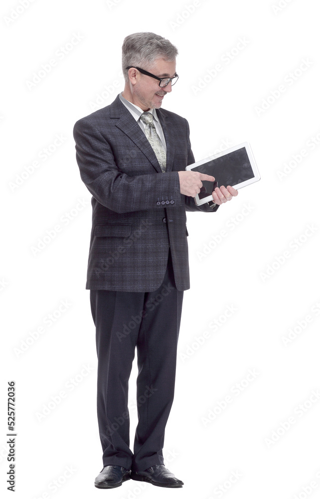 smiling man pointing at the screen of a digital tablet smiling man pointing at the screen of a digital tablet