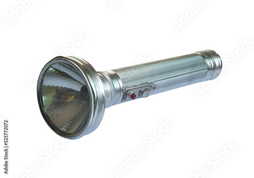 Old metal flashlight isolated transparency background. photo