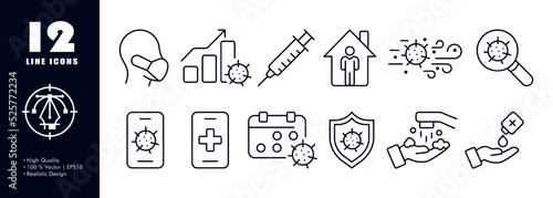 Protection from viruses set icon. Man in protective mask, increased incidence of increase in incidence, syringe, quarantine, airborne route of spread, wash hands. Healthcare concept. Vector line icon