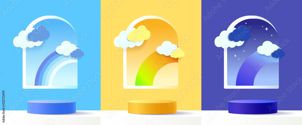 Set of blue, yellow, navy blue, 3d cylinder pedestal podium with ach shape background. Abstract minimal scene for products showcase, promotion display. Round stage. Vector geometric forms.