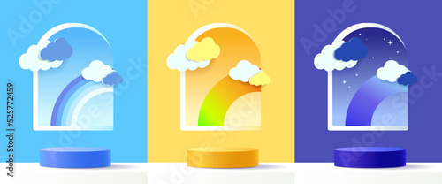 Set of blue, yellow, navy blue, 3d cylinder pedestal podium with ach shape background. Abstract minimal scene for products showcase, promotion display. Round stage. Vector geometric forms.