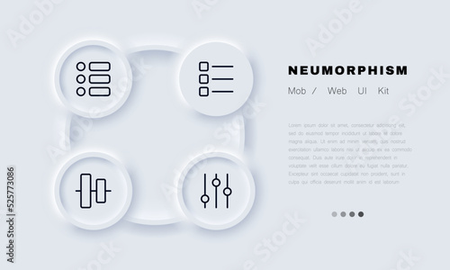 Navigation menu set icon. App, application, list, pictogram, settings sliders, control panel, horizontal alignment. Technology concept. Neomorphism style. Vector line icon for Business and Advertising