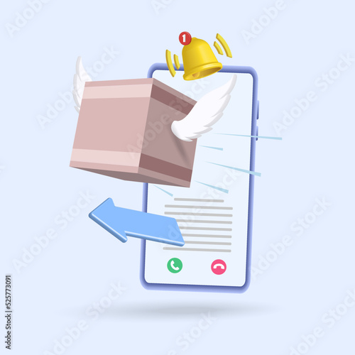Postal services for smartphones, placing parcels on the Internet. Vector illustration, banner, 3d.