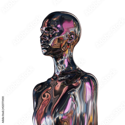 Abstract illustration from 3D rendering of chrome metal reflecting female bust.