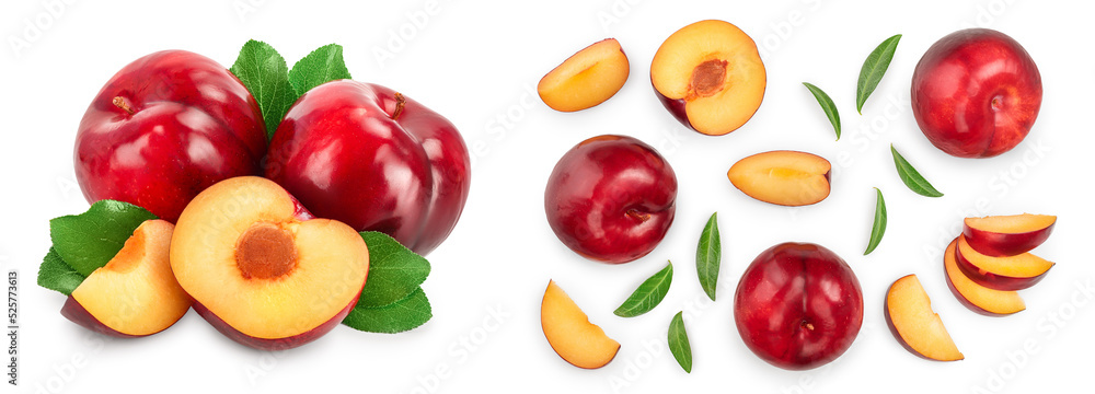 fresh red plum and half with leaves isolated on white background. Set or collection fresh red plum and half with leaves isolated on white background. Set or collection