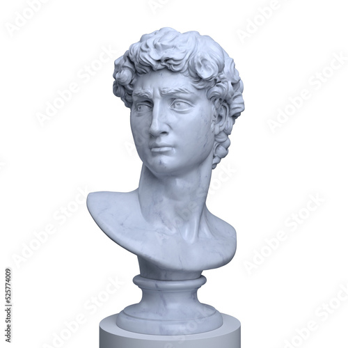 Digital illustration of white marble male classical bust on pedestal from 3d rendering.