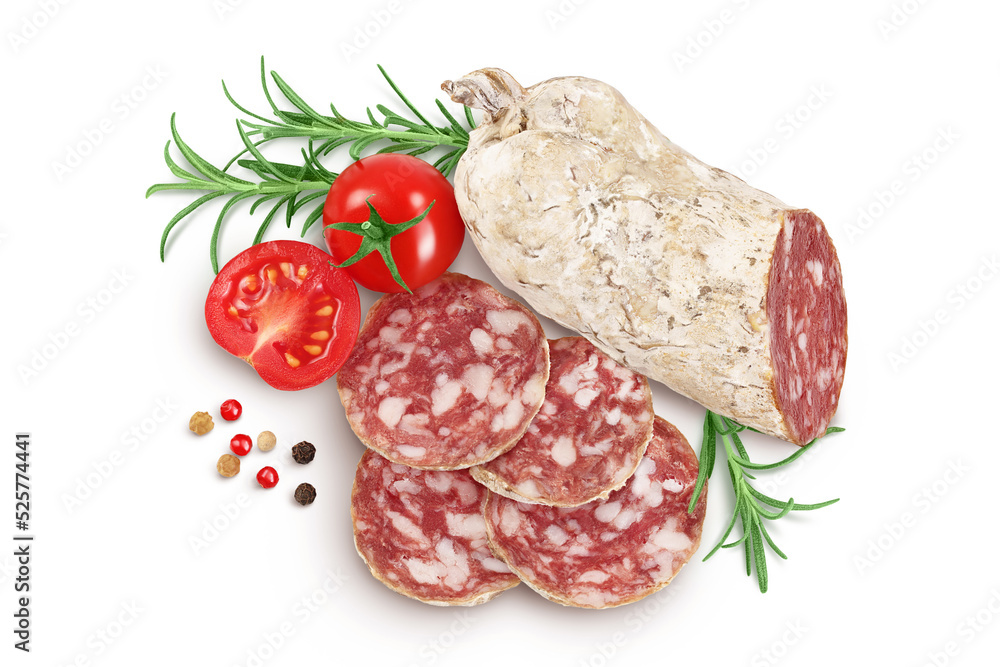 Cured salami sausage slices isolated on white background. Italian cuisine with full depth of field. Top view. Flat lay. Cured salami sausage slices isolated on white background. Italian cuisine with full depth of field. Top view. Flat lay.