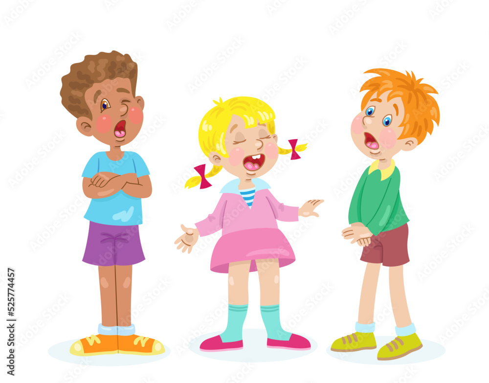 Children sing a song. Two funny boys and a cute girl stand together. In cartoon style. Isolated on white background. Vector flat illustration. Children sing a song. Two funny boys and a cute girl stand together. In cartoon style. Isolated on white background. Vector flat illustration.