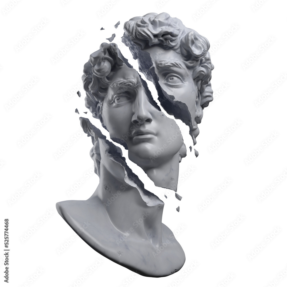 Abstract illustration from 3D rendering of a white marble bust of male classical sculpture broken shattered in three large pieces and tiny fragments. - obrazy, fototapety, plakaty 