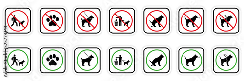 No Allowed Animal Toilet Sign. Canine Permission. Park Zone Green Symbol. Clean After Dog Poop. Ban Dog Black Silhouette Icon Set. Forbid Pet Entrance Walk Pictogram.Isolated Vector Illustration