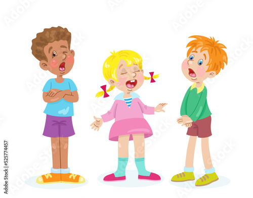 Children sing a song. Two funny boys and a cute girl stand together. In cartoon style. Isolated on white background. Vector flat illustration.