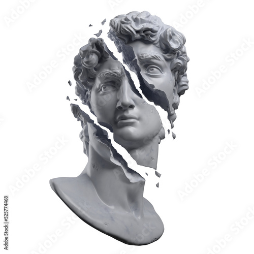 Fototapeta Abstract illustration from 3D rendering of a white marble bust of male classical sculpture broken shattered in three large pieces and tiny fragments