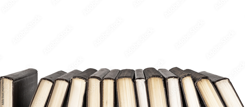 Hardcover books row isolated on white background. Reading, study, intellectual development, knowledge-enhancement concept. High quality photo