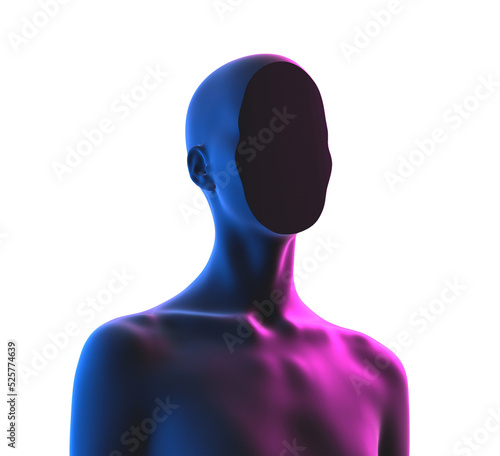 Abstract creative illustration from 3D rendering of female bust figure with flat anonymous face in vaporwave style colors. 