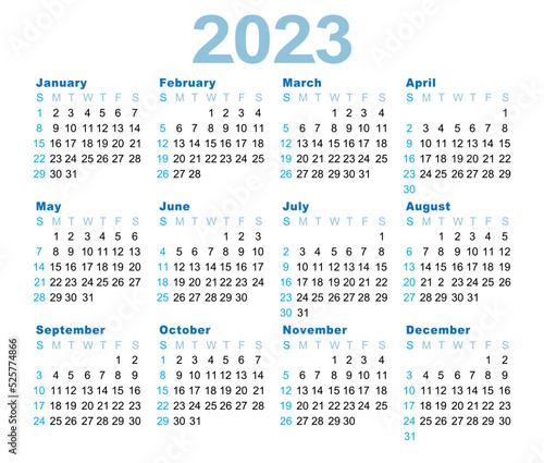 2023 Calendar year vector illustration. The week starts on Sunday. Annual calendar 2023 template. Calendar design in black and blue colors