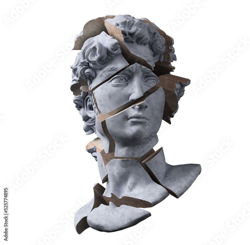 Abstract illustration from 3d rendering of a marble bust of male classical sculpture head shattered into pieces.