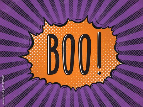 Text Boo! in a speech bubble. Orange explosion in pop art style. Vector illustration