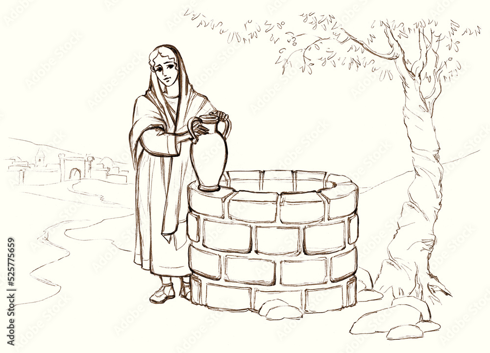 Christ and the Samaritan Woman at the Well. Pencil drawing Stock