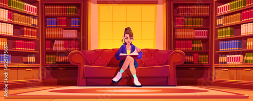 Young woman reading book in library at home or university. Thoughtful girl student or bookworm sitting on luxury couch in large room with volume rows around on shelves, Cartoon vector illustration