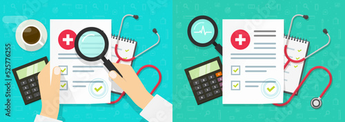 Medical insurance card healthcare vector with doctor hands research analysis diagnosis or patient record data information form document from clinic hospital on office table top view image