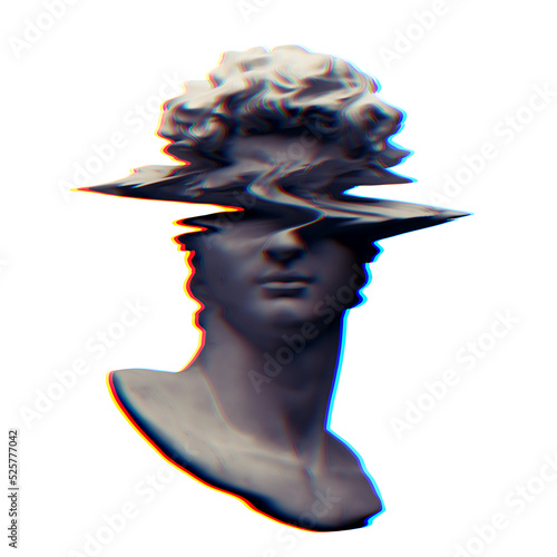 Digital offset CMYK offset misprint mode illustration of classical male head bust sculpture from 3D rendering in the style of corrupted modern glitch art graphics isolated on black background. photo