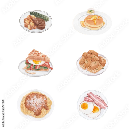 set of western food doodle in watercolor style vector illustration