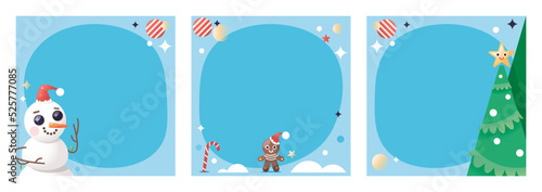 Visuels pour communication réseaux sociaux ou bannière promotionnelle, fête de Noël et nouvel an, festivités de l'hiver avec bonhomme de neige, sapin, bonhomme en pain d'épices et son bonnet rouge