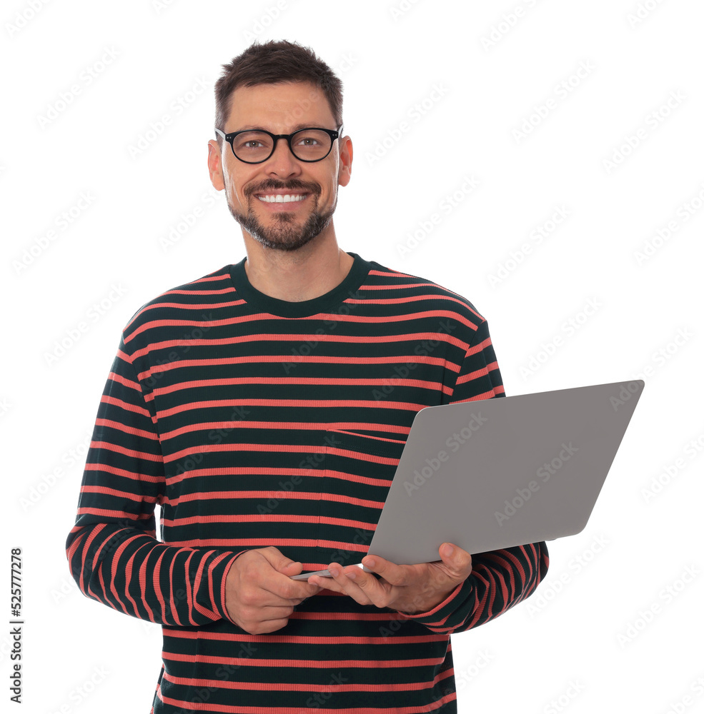 Smiling man with laptop on white background Smiling man with laptop on white background