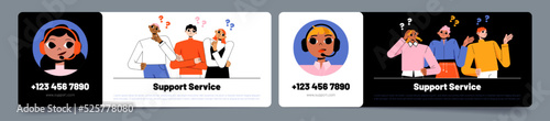Set of support service banners. Flat vector illustration of male  female call center managers wearing headsets on black  white background. Many puzzled customers asking helpdesk operators questions