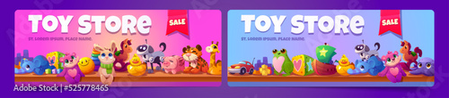Kids toys sale in baby store. Posters with plush animals, car and ship on wooden shelves in shop. Vector banners with cartoon illustration of cute children toys, bear, dog robot and blocks