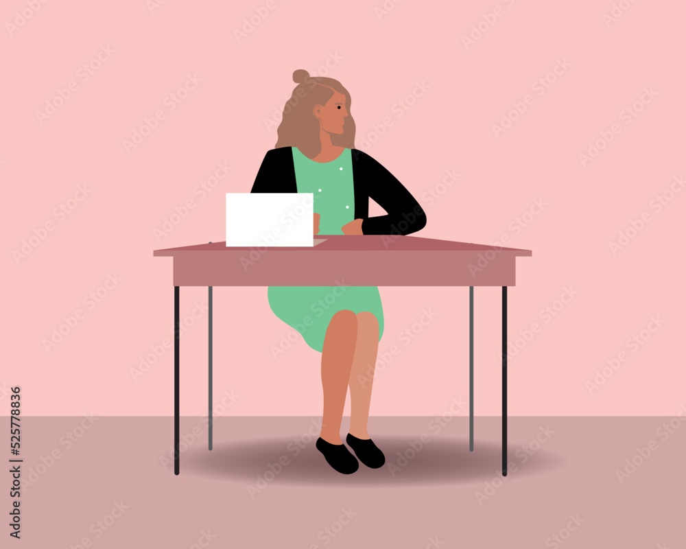 custom made wallpaper toronto digitalStudent, child or teenager at school desk isolated, flat vector stock illustration with girl with laptop