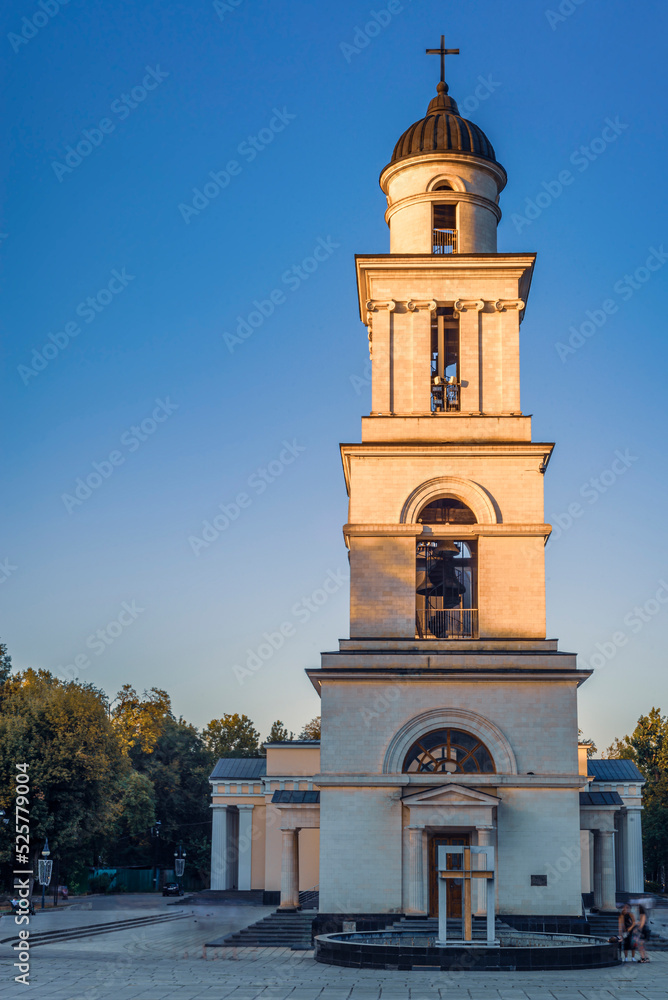 CHISINAU, MOLDOVA - august 20, 2022: bell tower near Metropolitan Cathedral Nativity Lord Historical architectural landmark capital city sunset CHISINAU, MOLDOVA - august 20, 2022: bell tower near Metropolitan Cathedral Nativity Lord Historical architectural landmark capital city sunset