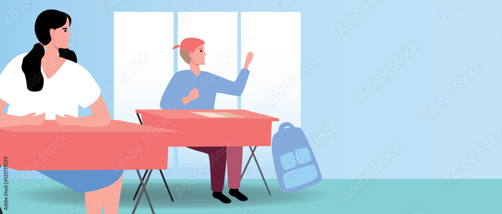 Teens or children are taught in classroom at school, college, flat vector stock illustration or copy space pattern for design