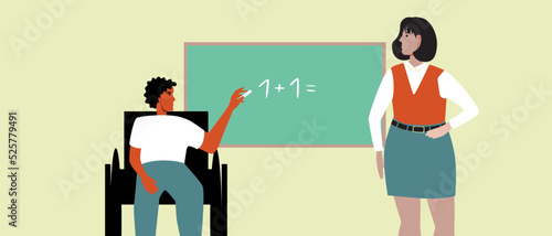Teacher and disabled student in wheelchair at chalk board in inclusive lesson, flat vector stock illustration