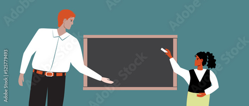 Teacher and African girl student at blackboard in class, flat vector stock illustration or copy space backdrop as template for overlay