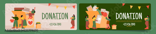 Donation banners with people give clothes and food for charity, humanitarian aid for homeless, poor and hunger. Vector posters with flat illustration of volunteers donate products in cardboard boxes