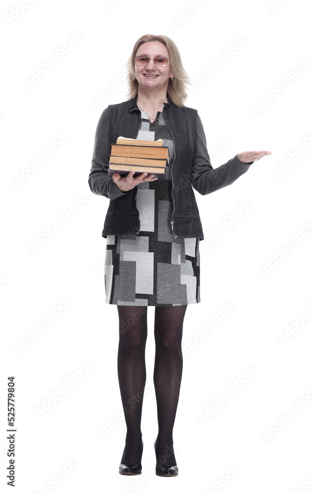 smiling young woman with a stack of books