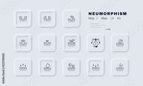 Skin care set icon. Tighten pores, ultrasonic cleaning, heal, cure, water evaporation, leaf, eco friendly, protection, photoaging, sebum, acne. Beauty industry concept. Neomorphism. Vector line icon