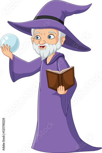 Cartoon old wizard holding crystal stone and magic book