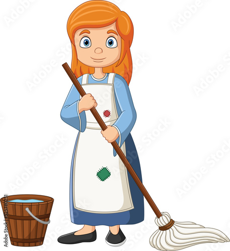 Cartoon cinderella with bucket and mop