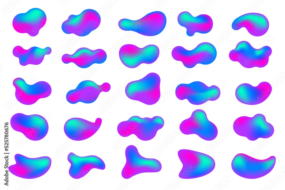 Gradient blop shapes set. Abstract organic random forms. Liquid fluid backgrounds. Amoeba bubbles and splashes. Vector memphis elements. Gradient blop shapes set. Abstract organic random forms. Liquid fluid backgrounds. Amoeba bubbles and splashes. Vector memphis elements.
