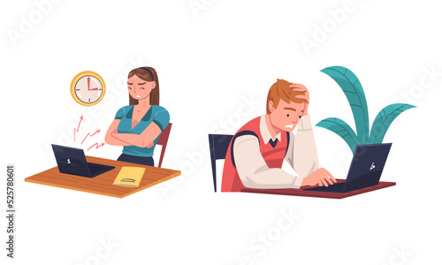 Stressed, overloaded employees working in office. Stress at work, burnout, work overload cartoon vector illustration