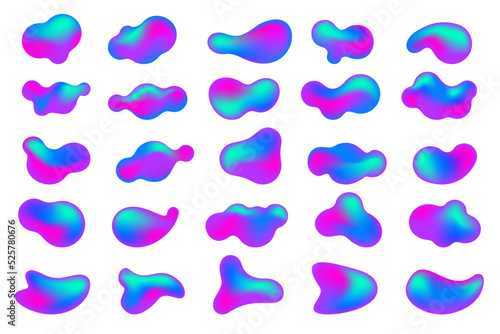 Gradient blop shapes set. Abstract organic random forms. Liquid fluid backgrounds. Amoeba bubbles and splashes. Vector memphis elements.